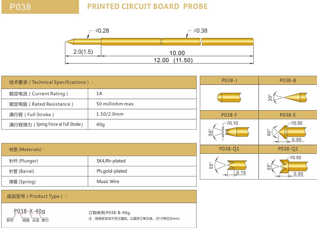 PA038測試探針總參數(shù)，華榮華探針廠家